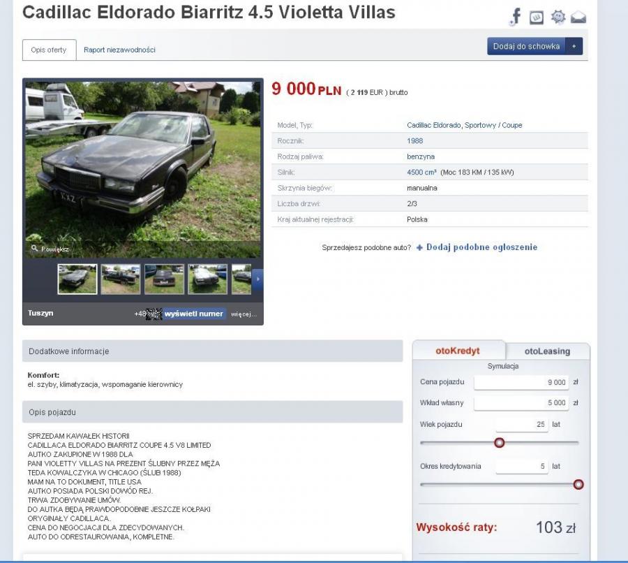 Ogłoszenie o sprzedaży cadillaca eldorado, którym jeździła Violetta Villas